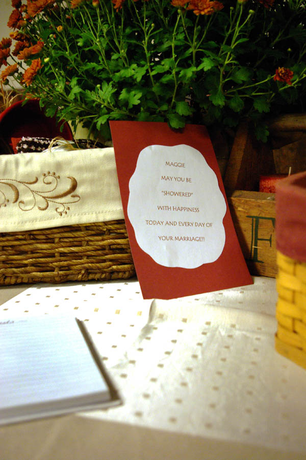 The adorable sign-in table where everyone dropped off recipe cards in exchange for name tags! Martha Stewart would have loved this shower!